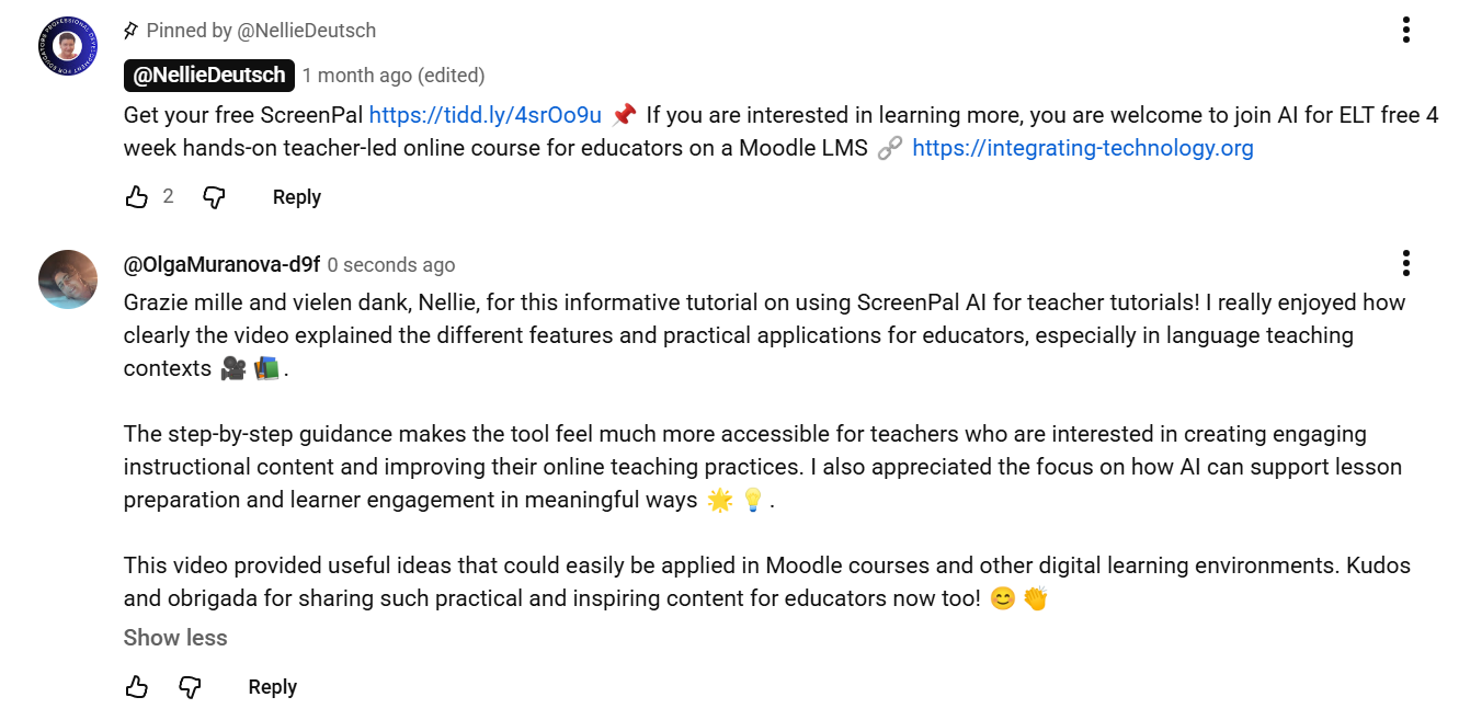Screenshot of Olga Muranova's comment on YouTube Video #2.