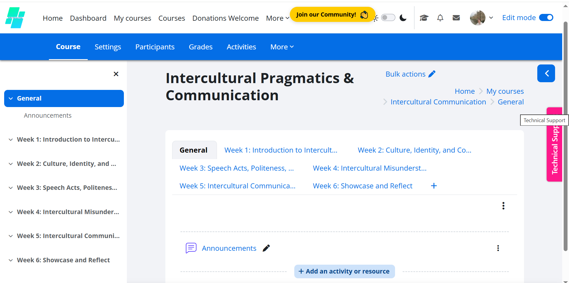 This is the screenshot of the Section menu of my emerging "Intercultural Pragmatics & Communication" Moodle online course.