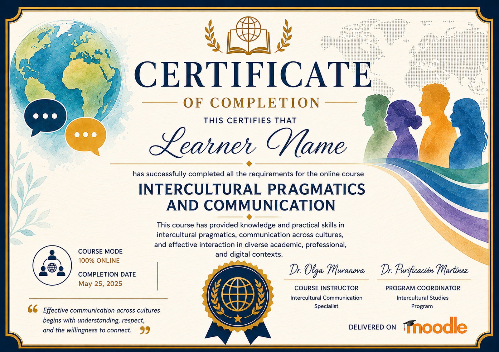 It is the certificate of completion for the "Intercultural Pragmatics and Communication" Moodle online course.