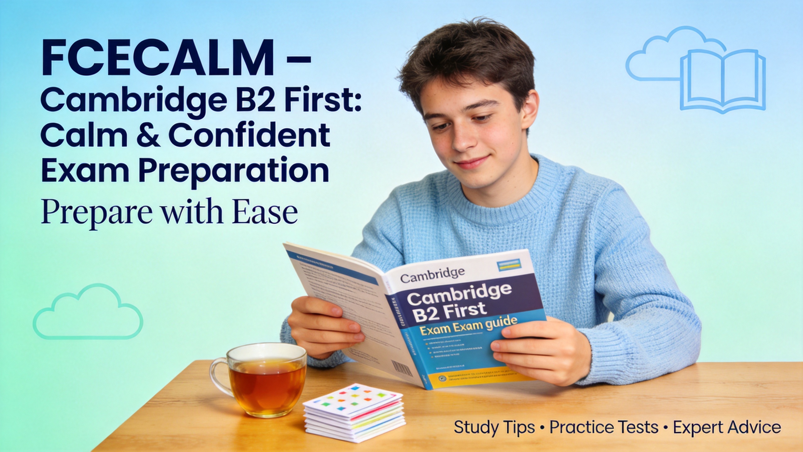 There is a student, a boy, who is reading a book about Cambridge B2 First. He is smiling and has a cup of tea near him on the desk.