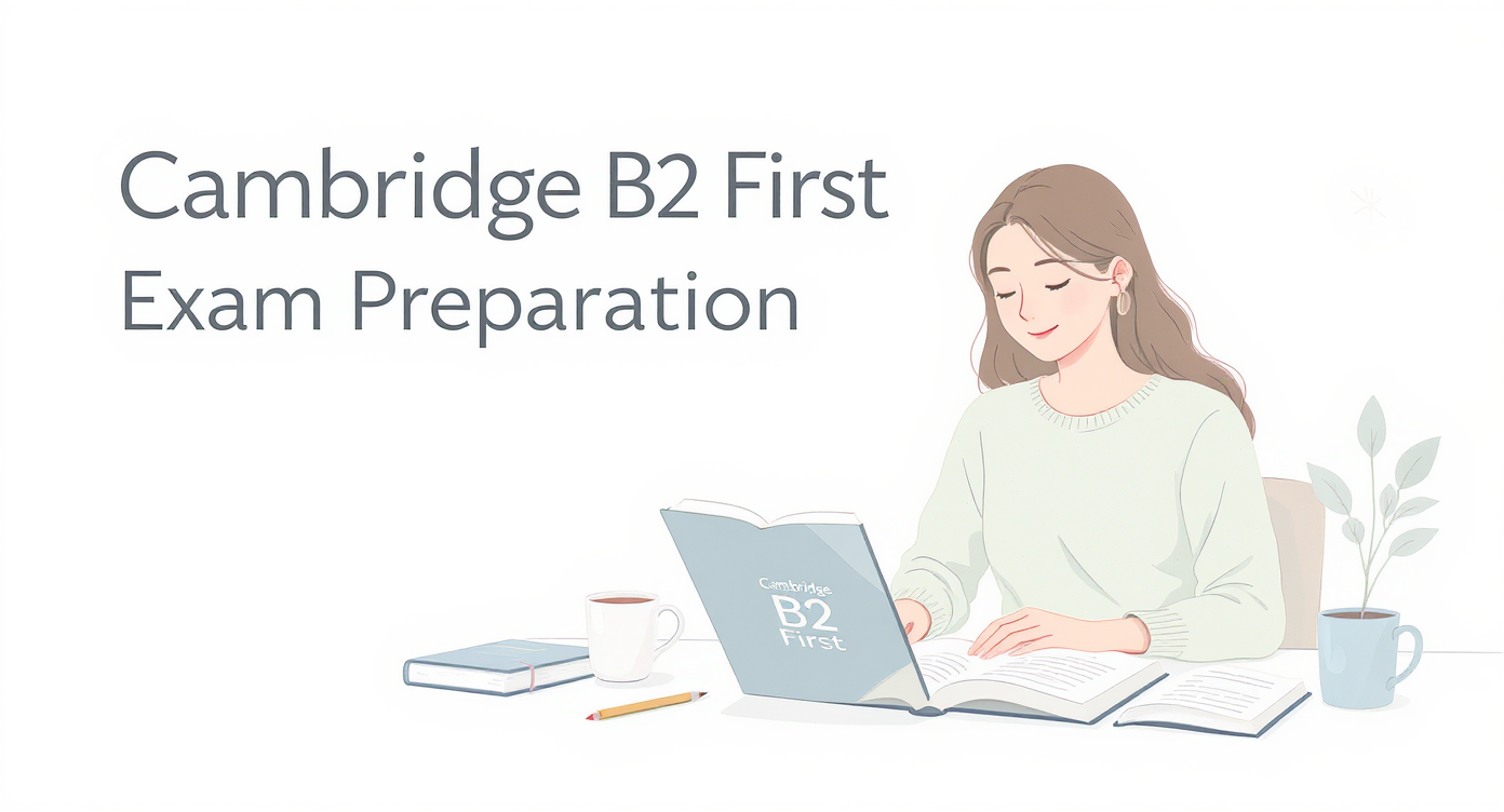 There is a woman reading a book about B2 Cambridge preparation in a calm place. 
