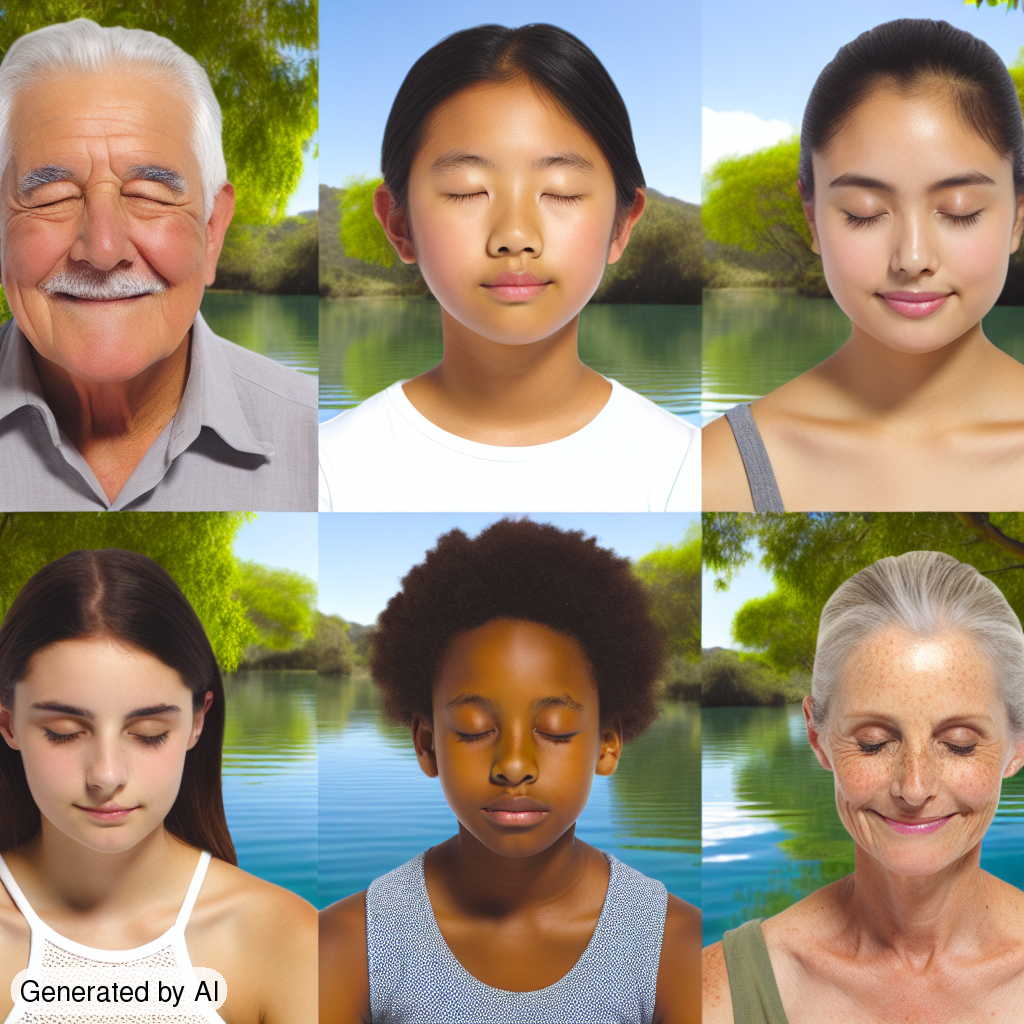 Create an image depicting a tranquil outdoor scene of a variety of people meditating. There are five individuals in total: an elderly Hispanic man with gray hair and a welcoming smile, an Asian woman in the bloom of youth with her hair tied back in a neat bun, a Black child with a focus that belies his young age, a Middle-Eastern adult woman with kind eyes, and a Caucasian teenager girl with freckles dotting her cheeks. They're all in serene positions, their eyes closed, allowing peace and tranquillity to wash over them. They're surrounded by calm water and leafy trees, under a crystal clear sky. - Generated by AI