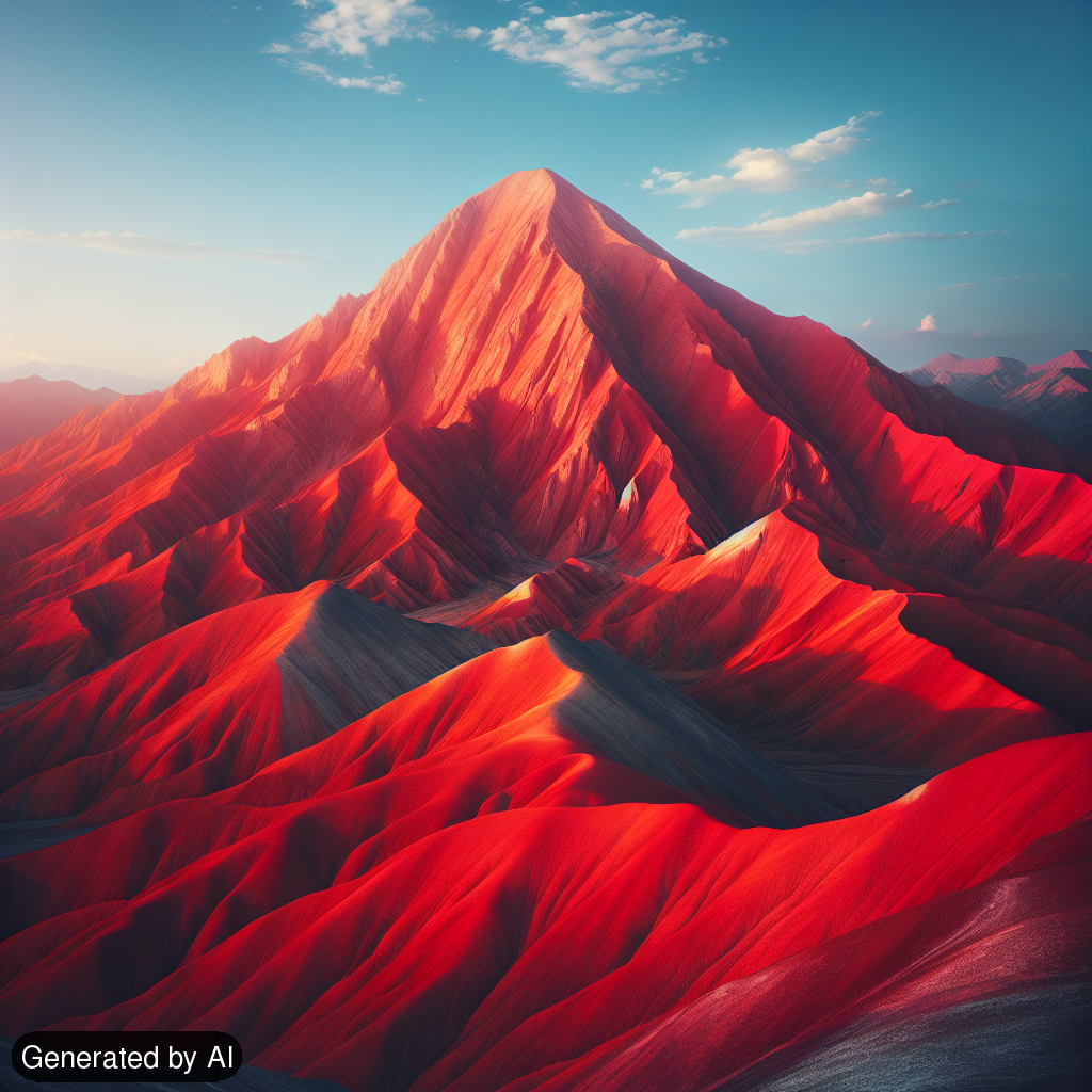 A vibrantly red-hued mountain range against a backdrop of a crystal clear sky. The sun hangs low in the sky casting long shadows on the undulating terrain. The texture of the rocky cliffs is pronounced, showing the wear of eons of wear and tear. A light dusting of white snow garnishes the peak, providing a stark contrast with the fiery red stone. This is not an ordinary mountain but appears more like a glowing ember left over from the heart of the earth itself. - Generated by AI